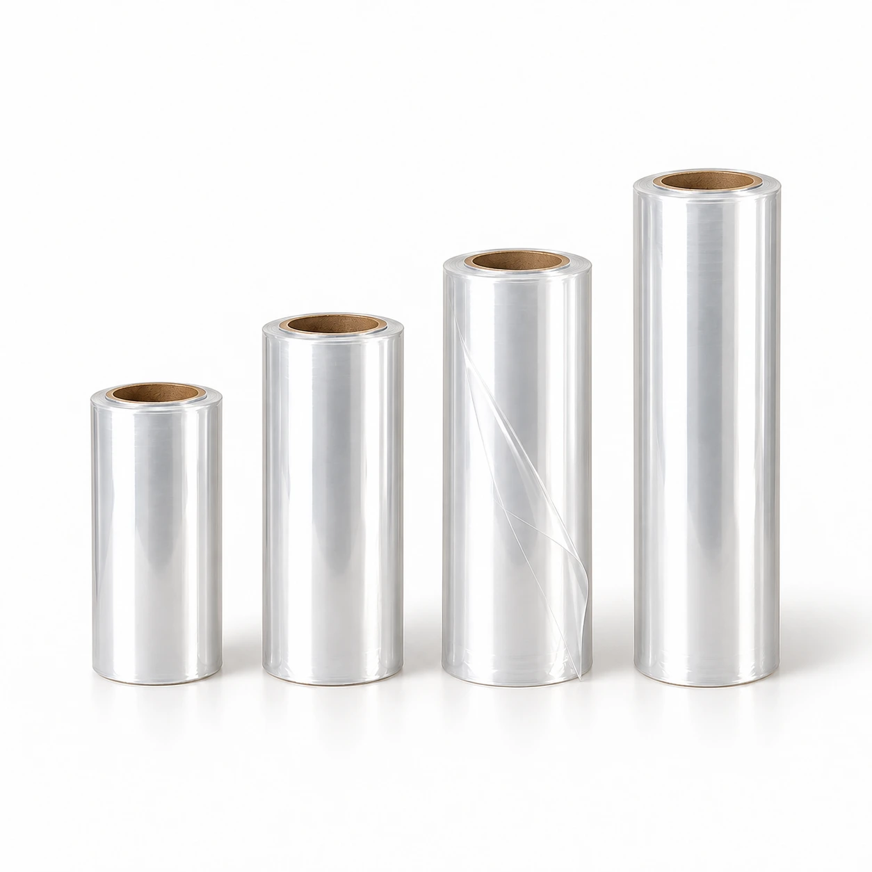 Four upright clear PVC shrink film rolls in 6, 8, 10 and 12 inch widths